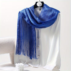 Silver Silk Feeling Shawl Elastici Scarf with Fringe