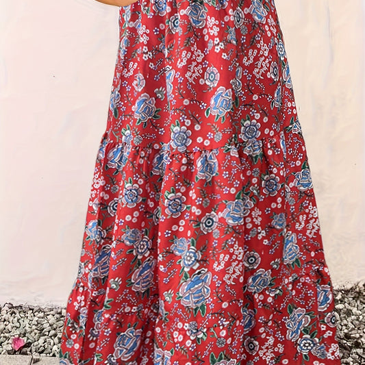  Boho Maxi Skirt, Floral Print, High Rise Smock