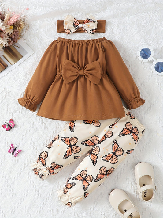 Baby Girls Bow Dress Top Set with Butterfly Print Pants