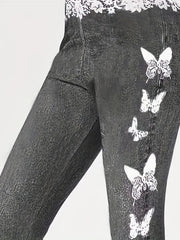  Butterfly & Denim Print Skinny Leggings