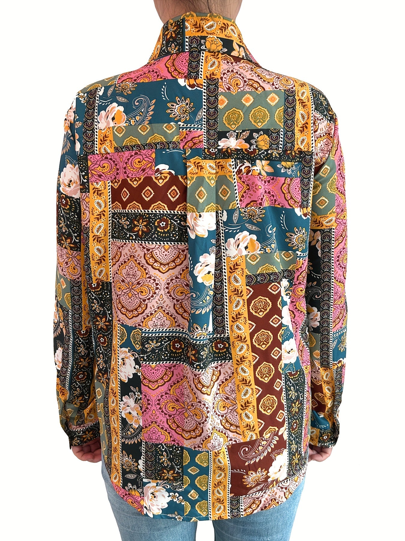  Boho Blouse Women's Plus Colorblock Floral Print Button Up Long Sleeve