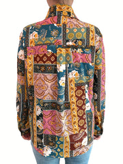  Boho Blouse Women's Plus Colorblock Floral Print Button Up Long Sleeve