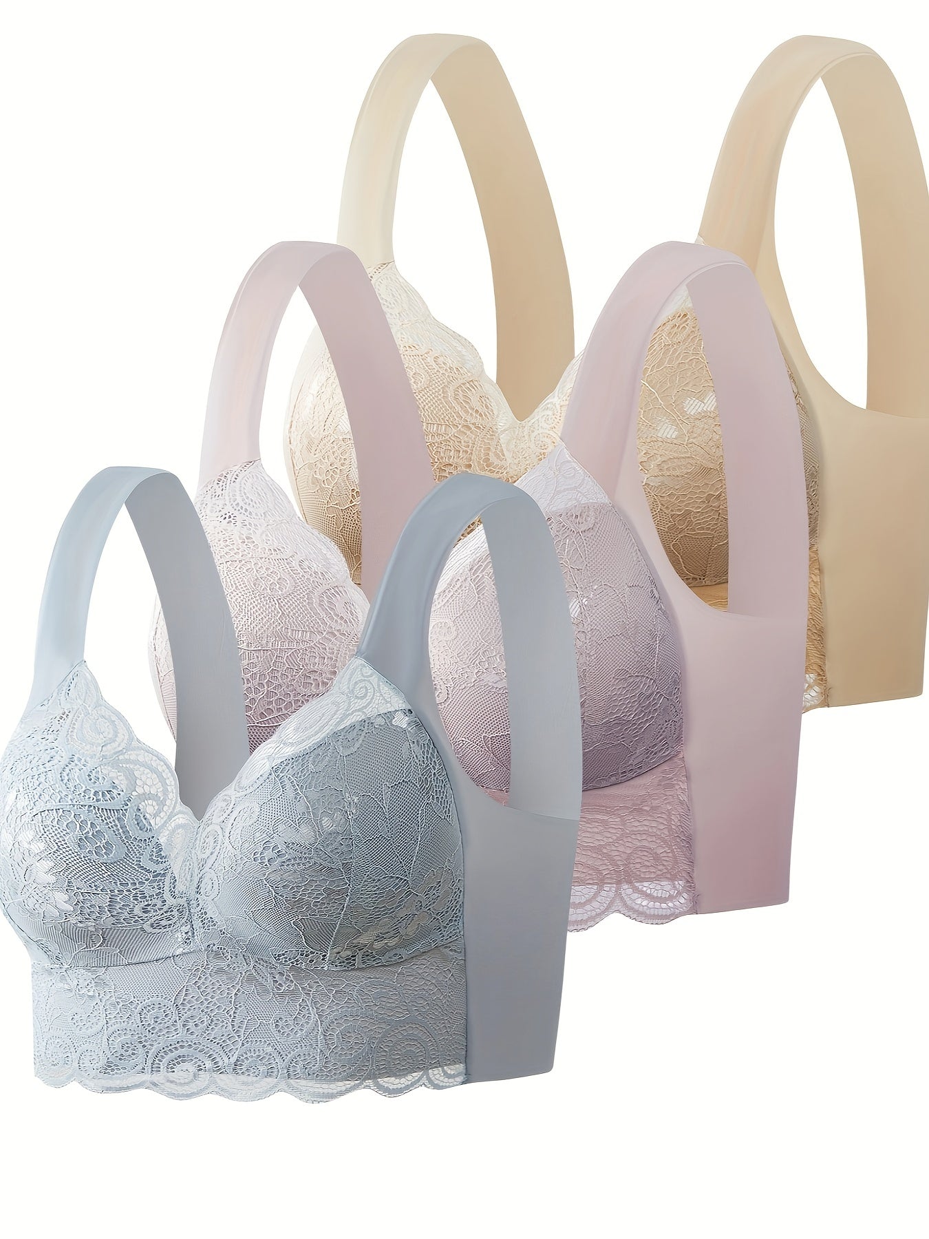 3pcs Lace Wireless Bras Comfy & Breathable Scallop Trim Bra Women's Lingerie