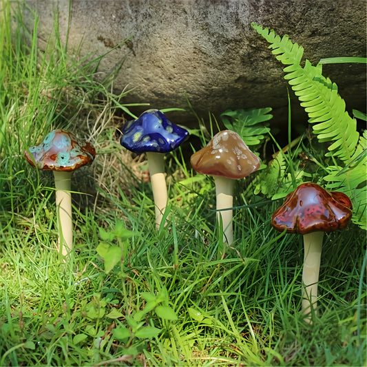 4pcs Mushroom Yard Decor Ceramic Mushroom Garden Statue Fairy Garden Stakes