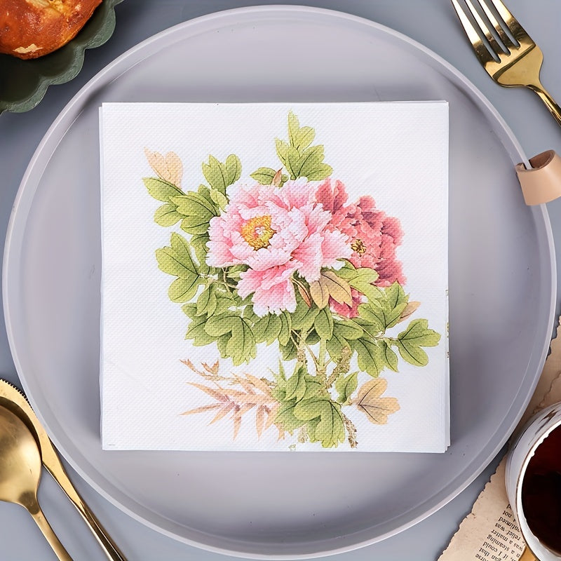 20pcs Peony Flower Disposable Napkins for Wedding Party Supplies