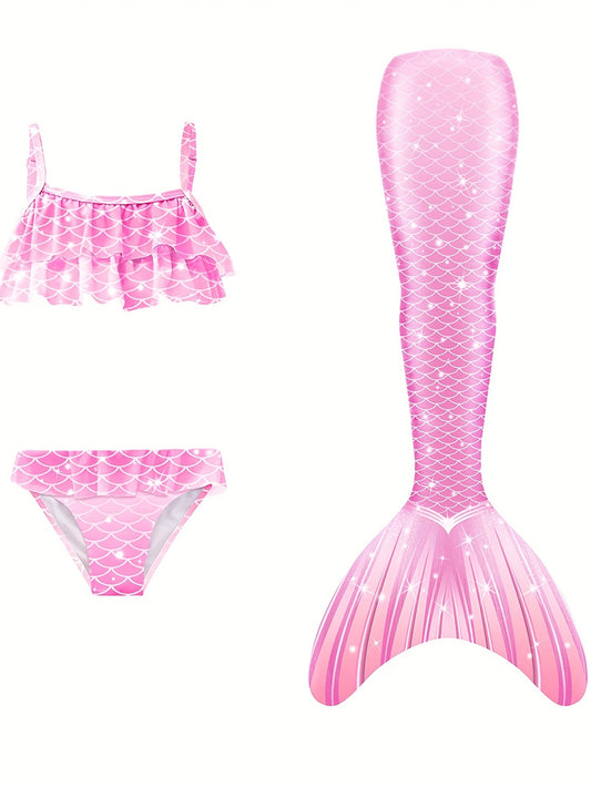 Girl's Mermaid Swimsuit 3pcs Bikini Set & Mermaid Tail Glitter Fish Scale Print