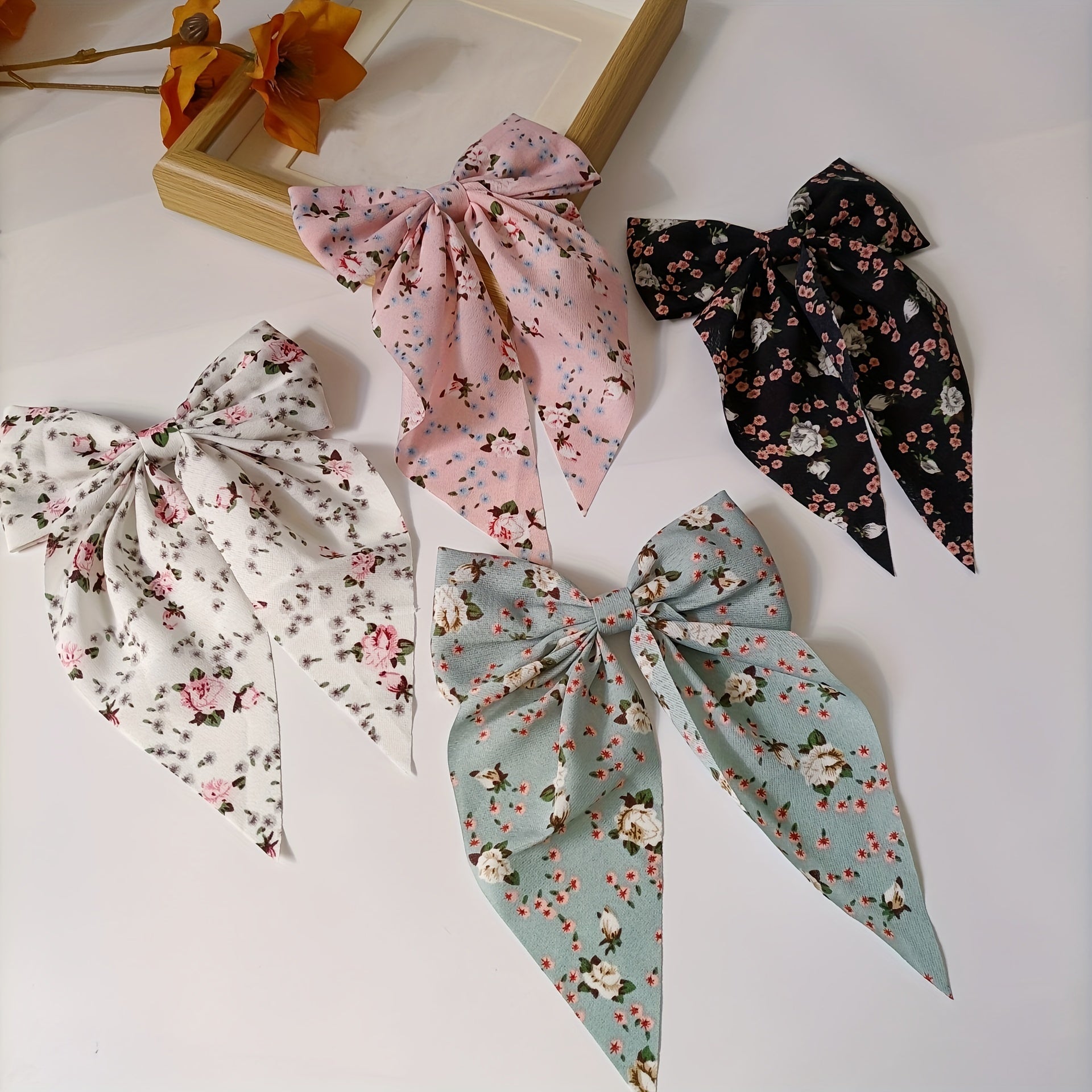 4pcs Floral Streamer Bow Hair Clip for Baby Girls