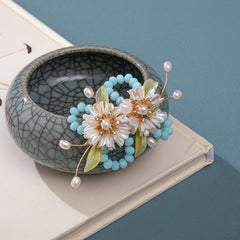 Vintage Flower Leaf Faux Pearl Hairpin Chinese Style Hair Clip B