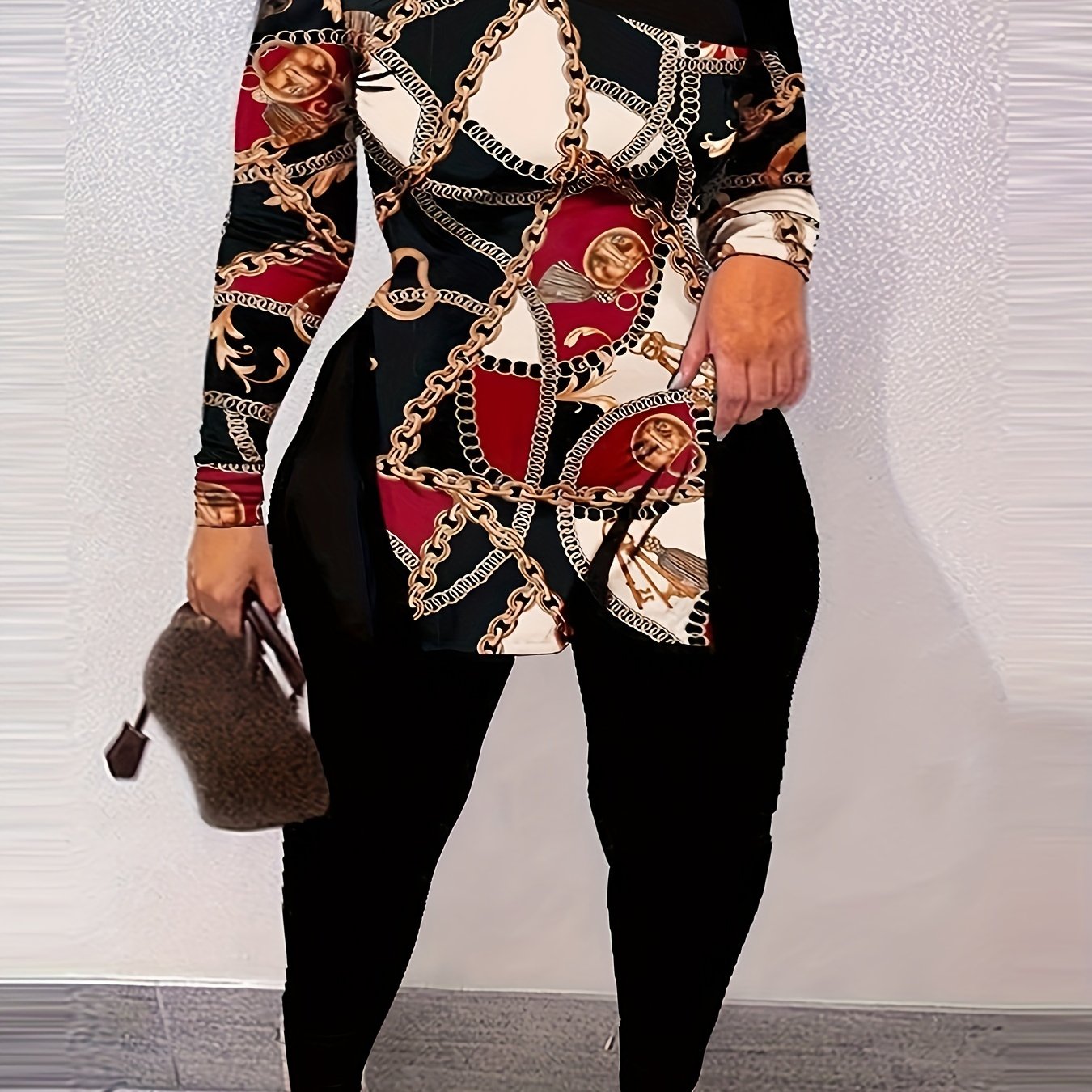  Chain Print One Shoulder Top & Leggings Set