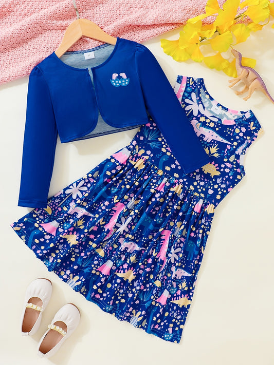 2pcs Dino Tank Dress & Cardigan Set for Girls - Floral Dinosaur Print Outfit