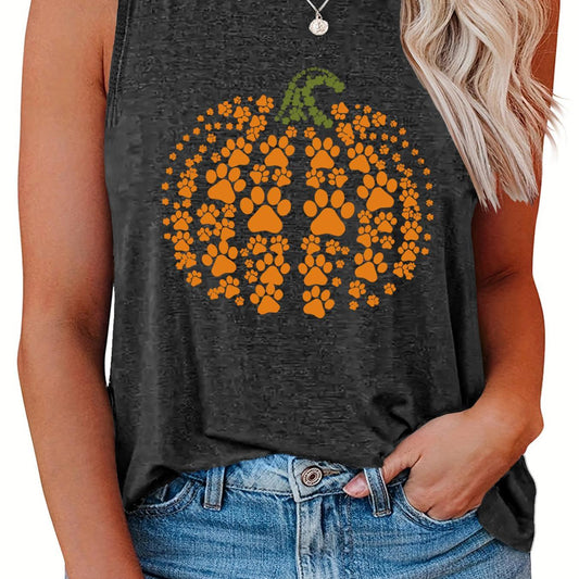 Casual Tank Top Women's Plus Pumpkin & Paw Print Round Neck Vest Top