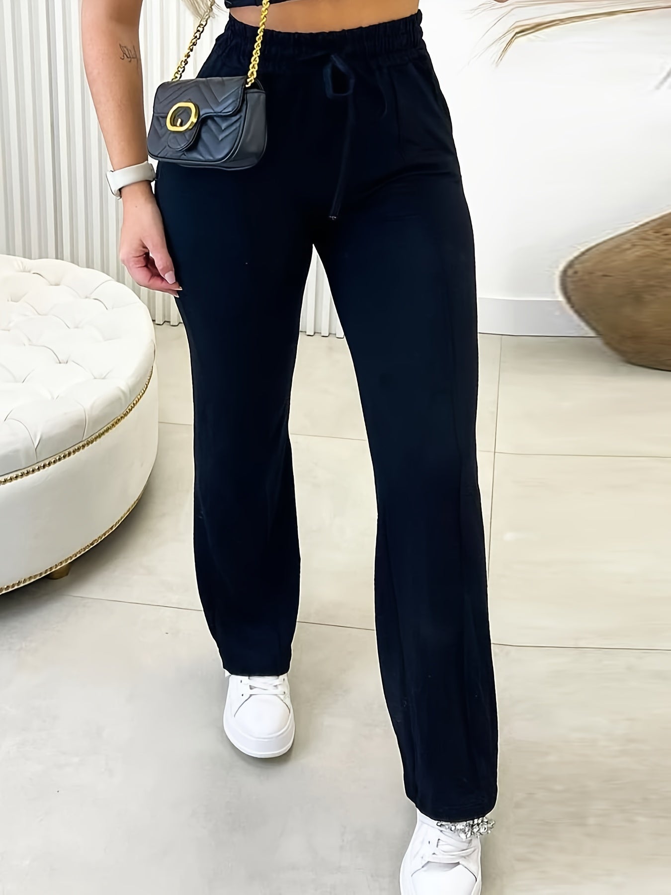  Solid Elastic Drawstring High Rise Trousers
