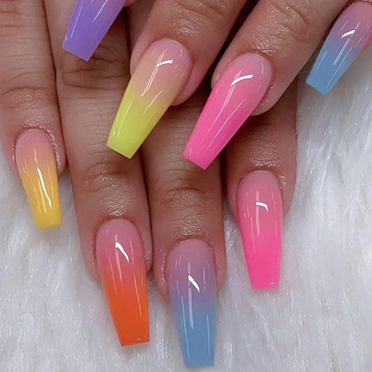 24 Rainbow Gradient Coffin Long Press On Nails Acrylic Ballerina False Nails