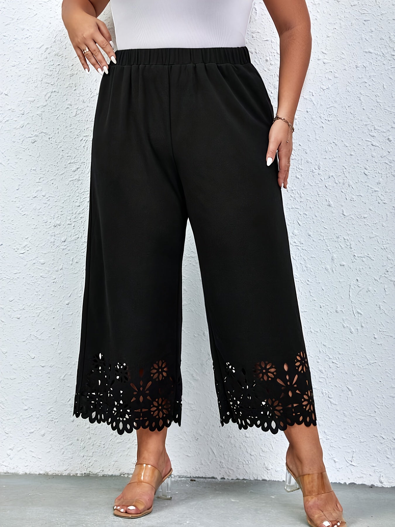  Pants Women's Plus Solid Scallop Trim Elastic High Rise