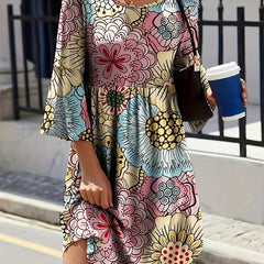  Boho Dress Women's Plus Floral Print Three Quarter Sleeve Dress