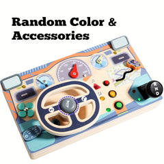 Wooden Busy Board Sensory Toys with Light Switch Steering Wheel