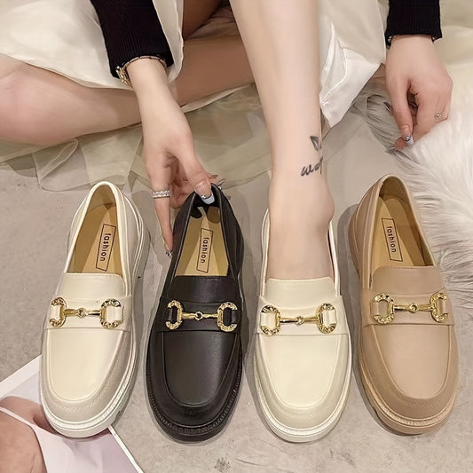 Women's Platform Loafers Slip On Shoes Retro Buckle Decor