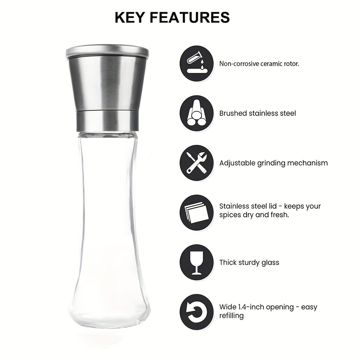 2pcs Glass Pepper & Salt Grinder Manual Mill Spice Crusher Bottle