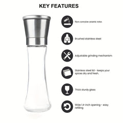 2pcs Glass Pepper & Salt Grinder Manual Mill Spice Crusher Bottle