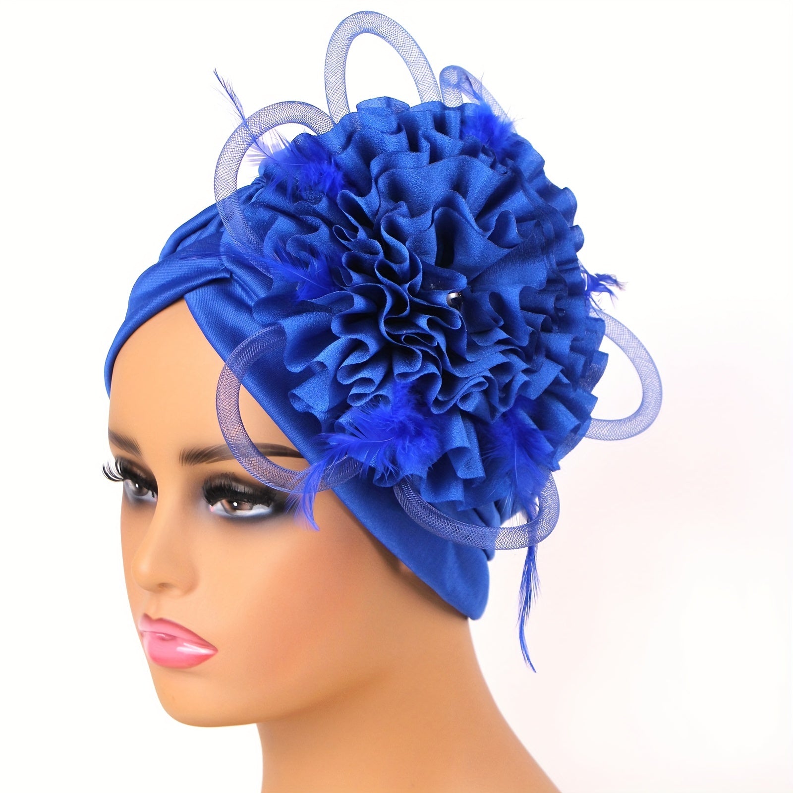 Feather Flower Decor Turban Cap Head Wrap Elastic Beanie Headscarf