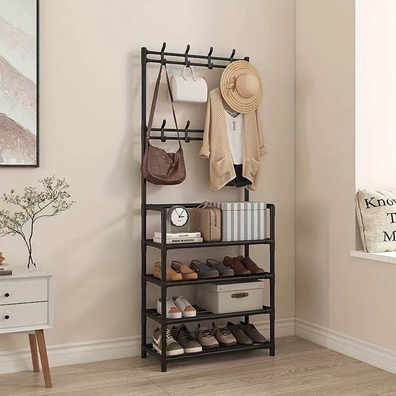 Metal Shoe And Hat Rack with 8 Hooks, 4 Shelves