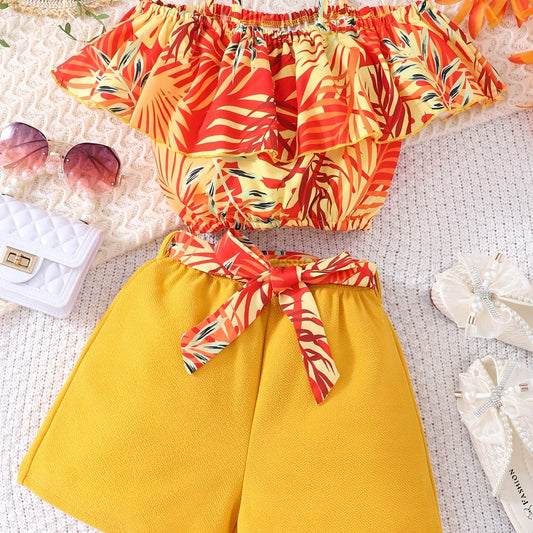 Girls Hawaiian Graphic Ruffle Top & Belted Shorts Set for Party Vacation