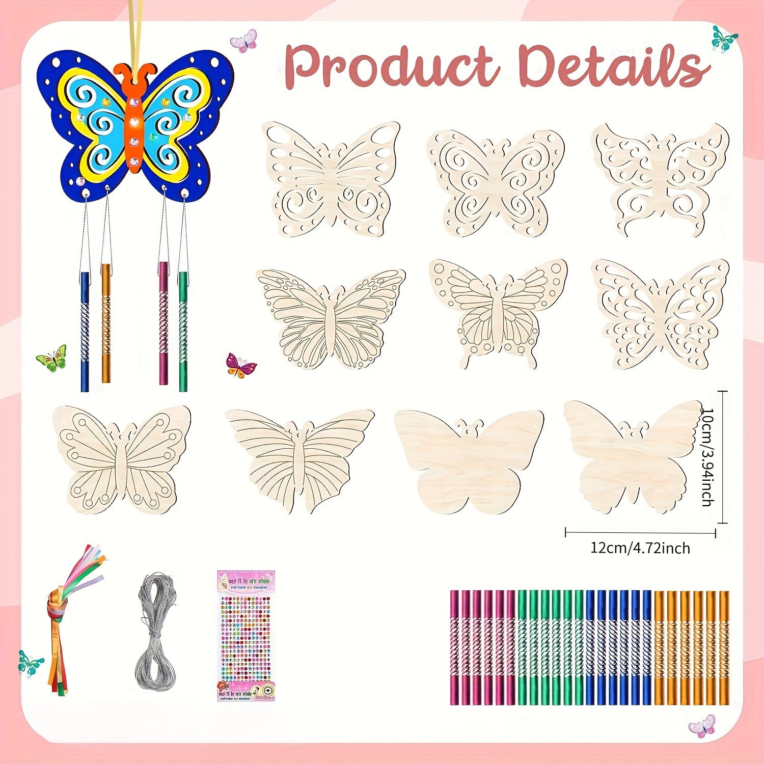 10pcs DIY Wooden Wind Chimes Butterfly Enjoy Drawing Fun