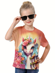 3D Unicorn Graphic Crew Neck Short Sleeve T shirt Girls Casual Pullover Tops