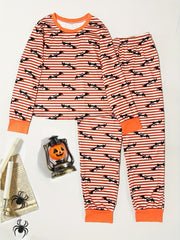  Stripe & Bat Print Pajama Set Long Sleeve Top & Pants