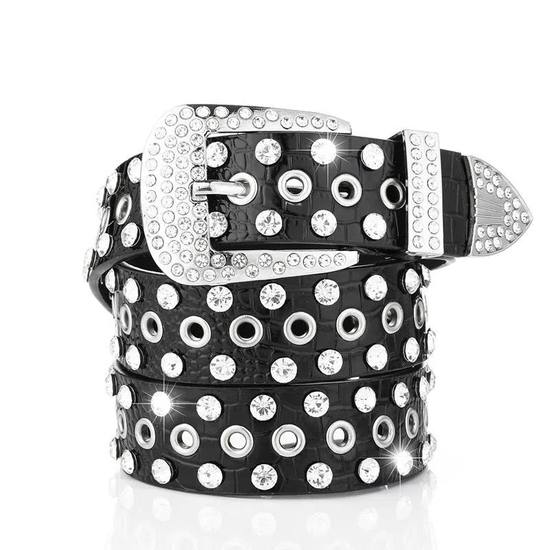 Wide Belt Rhinestone Inlaid Pin Buckle Perforation Belt