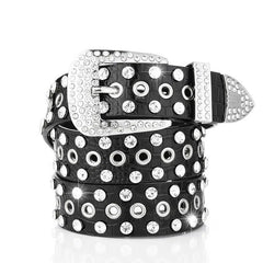 Wide Belt Rhinestone Inlaid Pin Buckle Perforation Belt