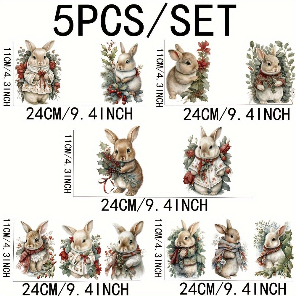 5pcs Vintage Christmas Bunny Glass Jar Wraps Stickers