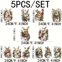 5pcs Vintage Christmas Bunny Glass Jar Wraps Stickers