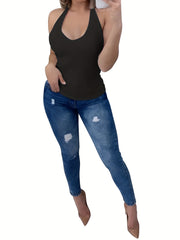 Solid Skinny V Neck Halter Top Casual Backless Halter Top
