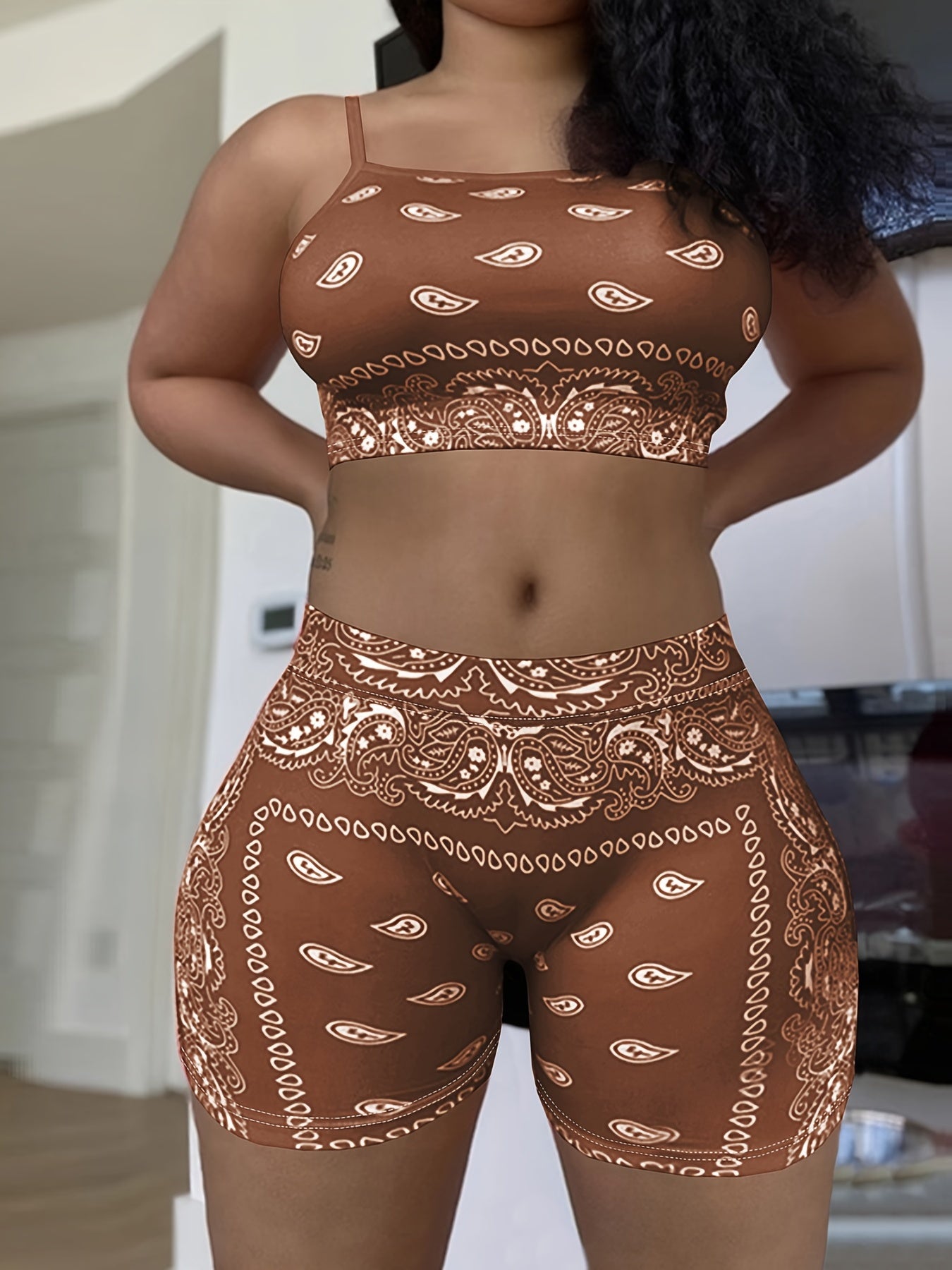 Paisley Print Two piece Set Crop Cami Top & Slim Shorts