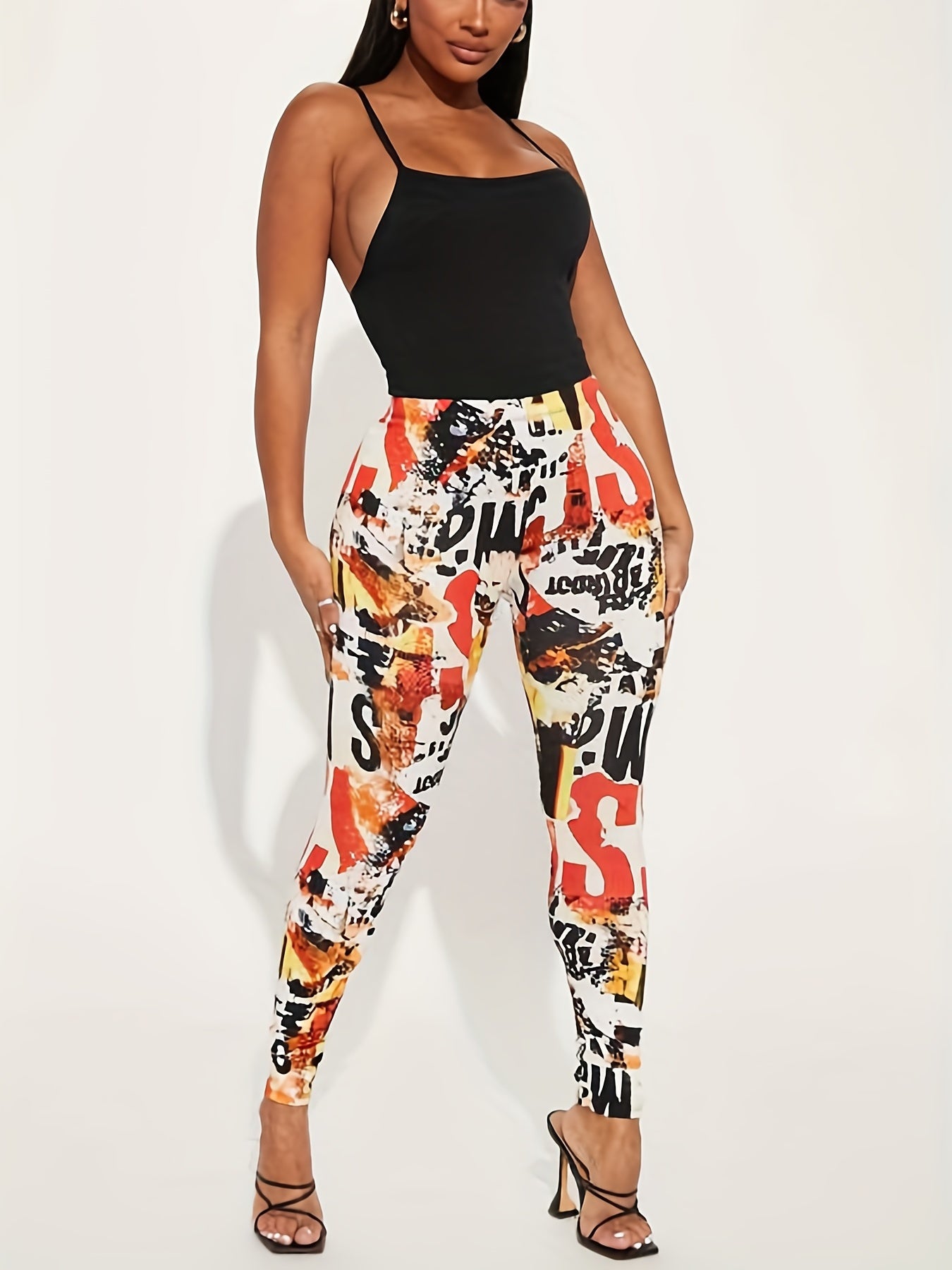  Casual Leggings Women's Plus Random Print High Rise Skinny Leggings