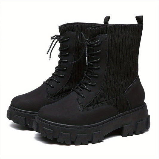 Women's Lace Up Combat Boots Solid Round Toe Platform Slim Elastic Shoes