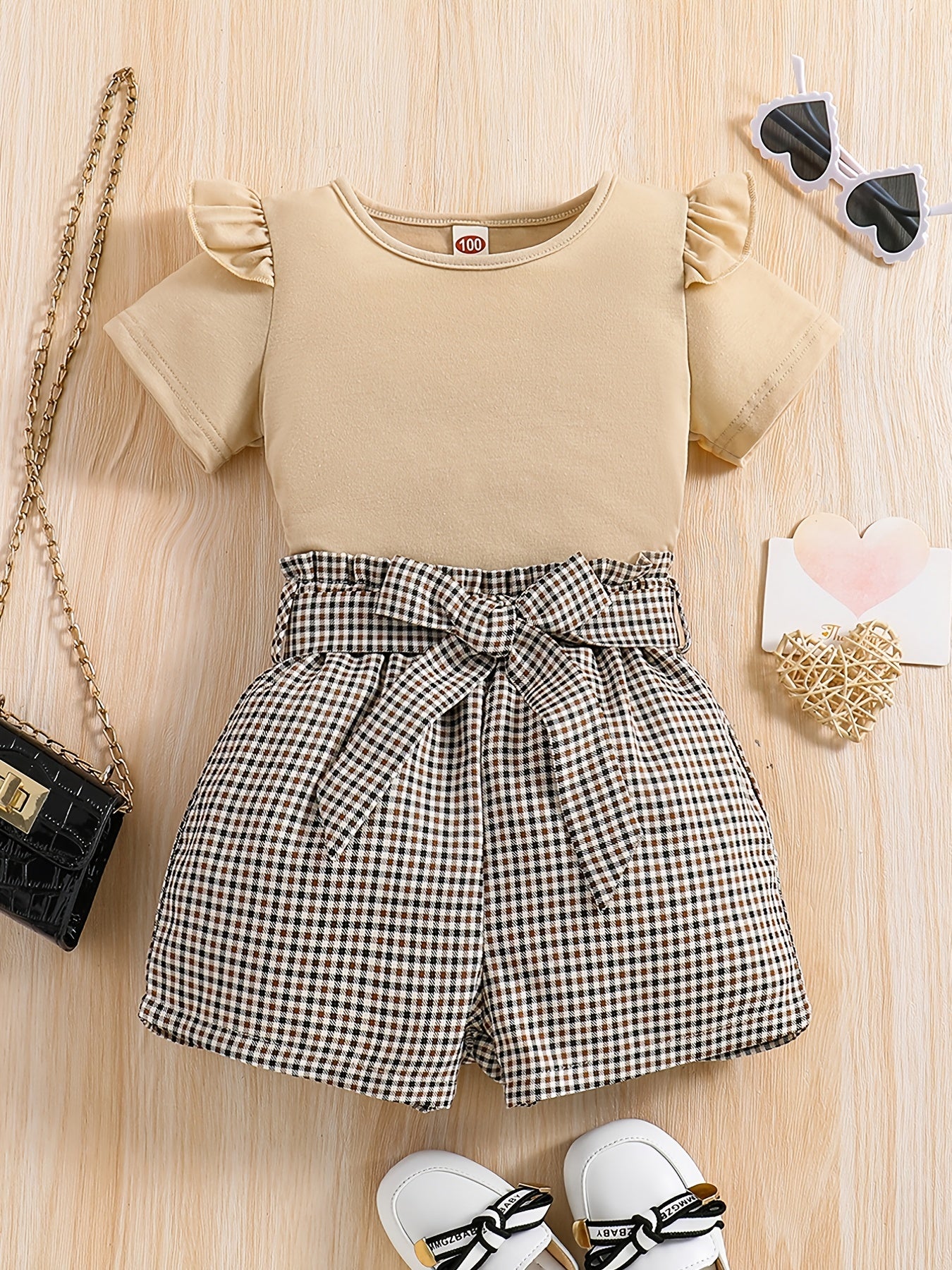 Girls Ruffled Short Sleeve Tee & Plaid Shorts Set with Belt