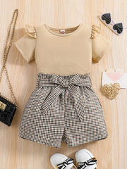 Girls Ruffled Short Sleeve Tee & Plaid Shorts Set with Belt