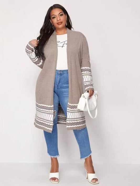  Colorblock Knit High Stretch Sweater Cardigan Women's Plus Long Casual