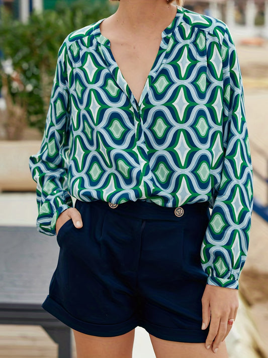Geometric Print Long Sleeve Blouse