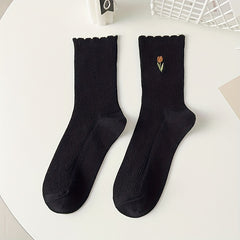 5 Pairs Floral Print Socks Comfy & Scallop Trim Women's Stockings