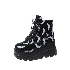 Women's Bat Pattern Platform Boots Punk Style Lace Up Ankle Boots