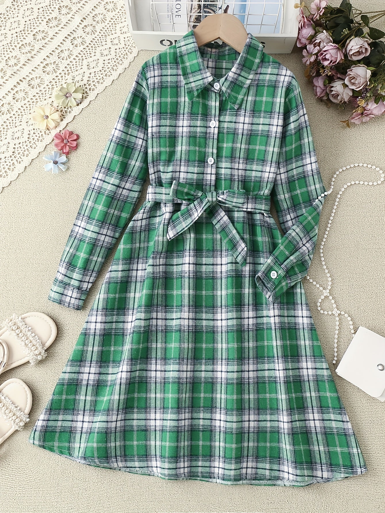 Plaid Shirt Dress Long Sleeve Button Down Girls School Dresses