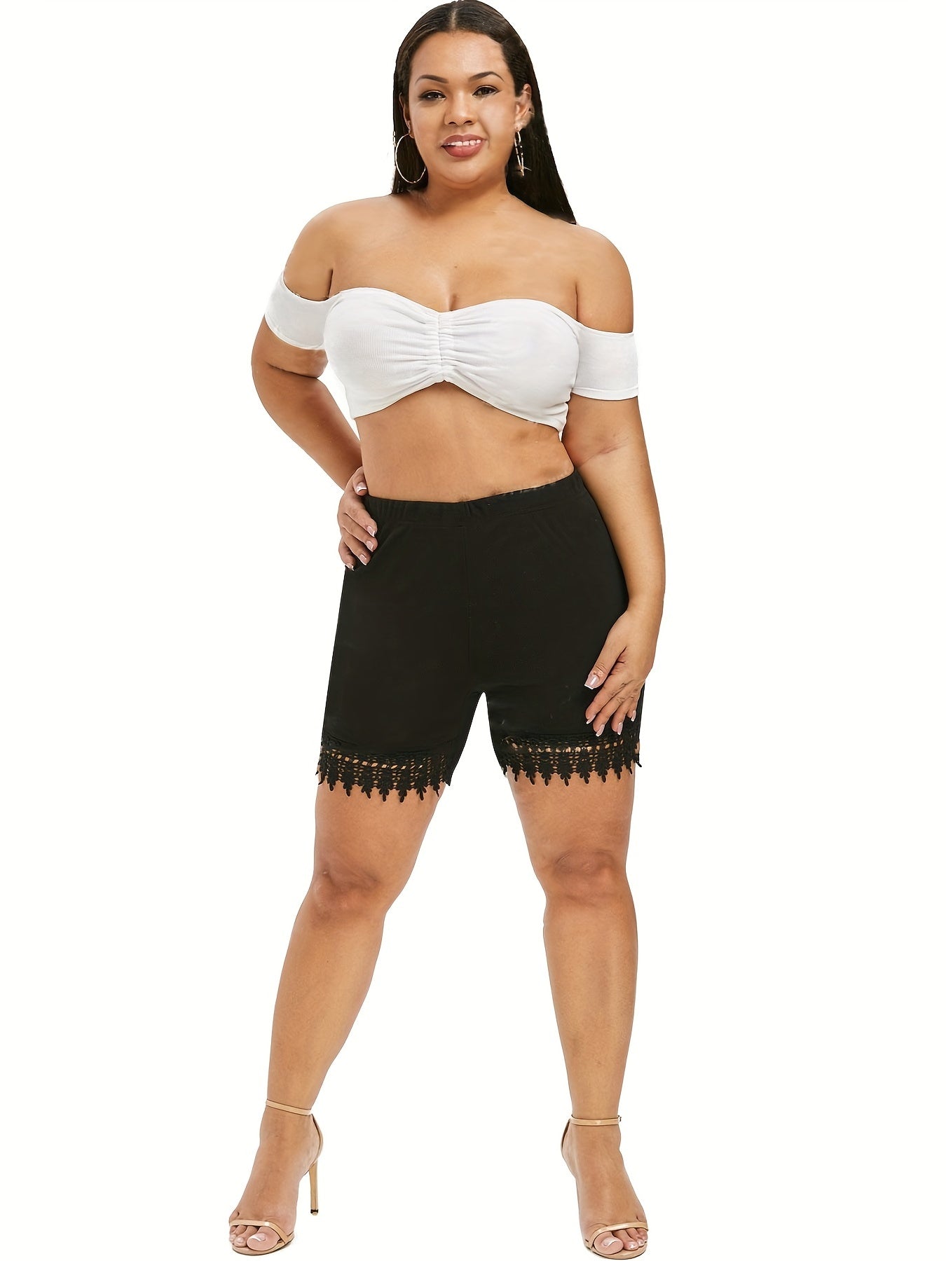  Solid Contrast Lace High Rise Skinny Shorts