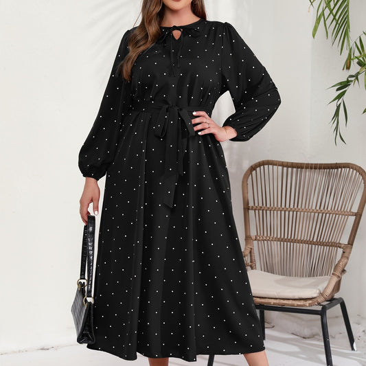  Polka Dot Long Sleeve Maxi Dress With Belt