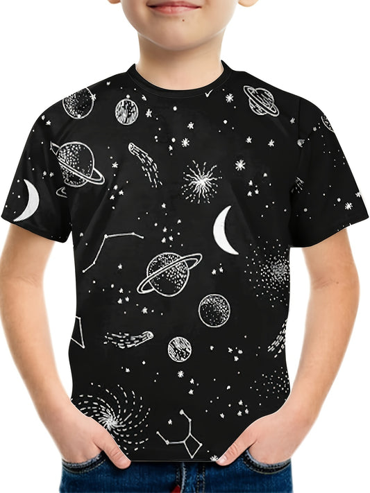 Galaxy Doodle Print Boy's T-shirt Kids Casual Breathable Summer Top