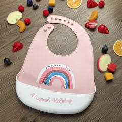 Goldcolin 1pc Silicone Kids Bib Pink Waterproof w/ Rainbow Crown & Space Themes