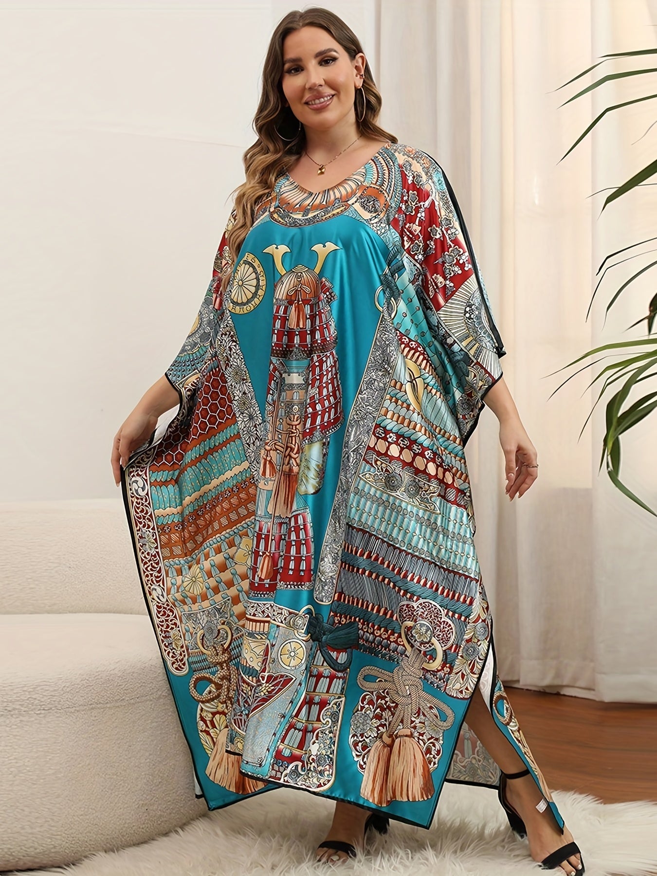  Boho Cover Up Women's Plus Graphic Print Bat Sleeve V Neck