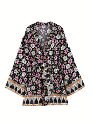 Floral Print Boho Style Cover Up Kaftan Long Kimono Sleeve
